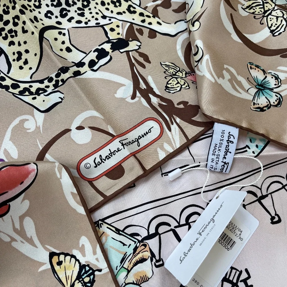 NWT Salvatore Ferragamo Icons Beauty Beige Silk Scarf
